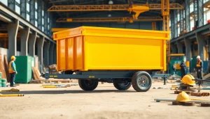 Explore dumpster trailers for sale in a vibrant construction site with workers and machinery.
