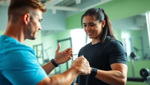 Engaging personal trainer tunbridge wells assisting client with strength training in a vibrant gym.