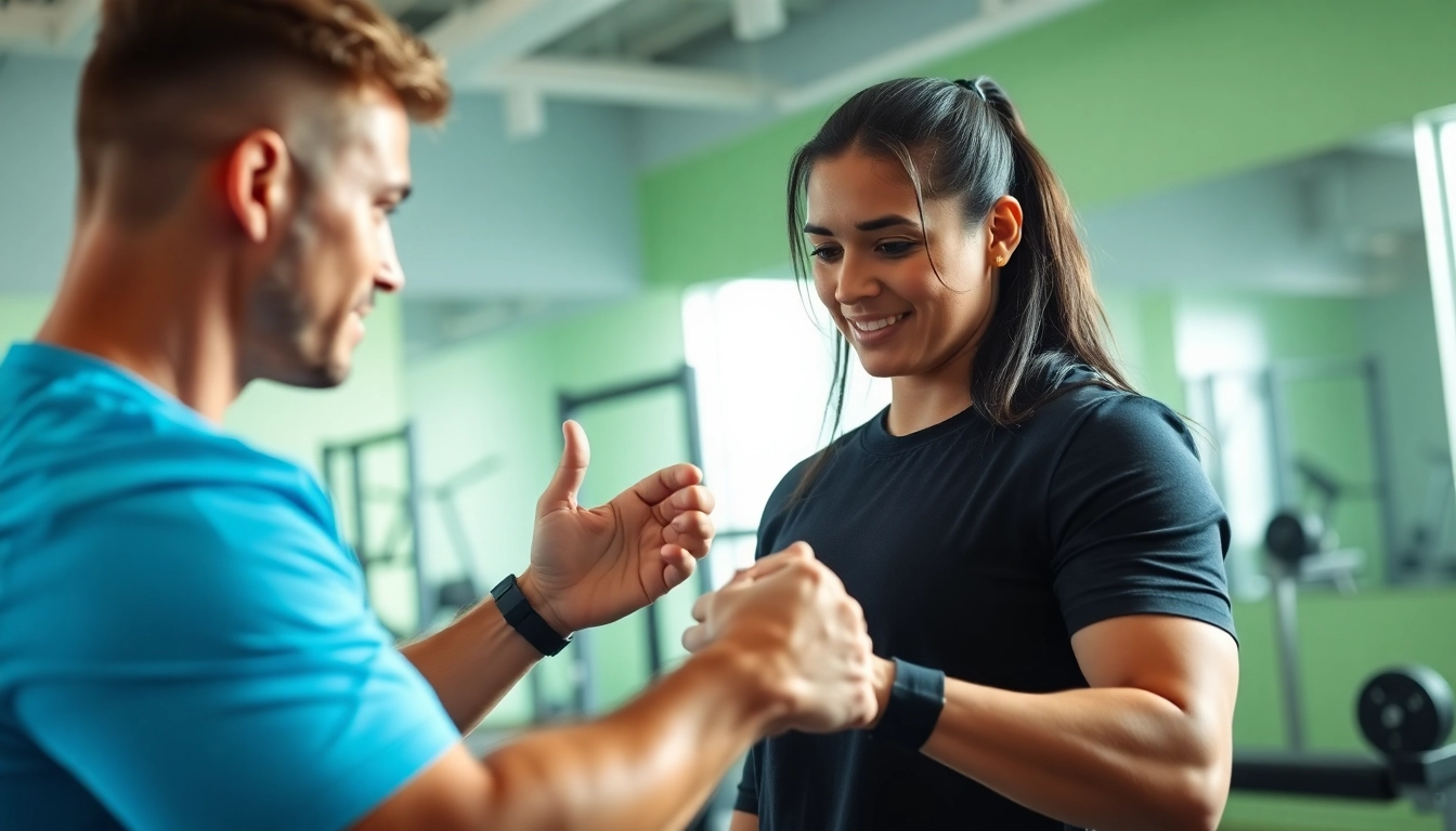 Engaging personal trainer tunbridge wells assisting client with strength training in a vibrant gym.