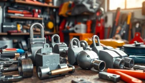 Serrature per veicoli professionali esposte in un ambiente di lavoro con attrezzi.