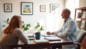 Psychiatrist engaging in a consultation with a patient in a calming office environment.