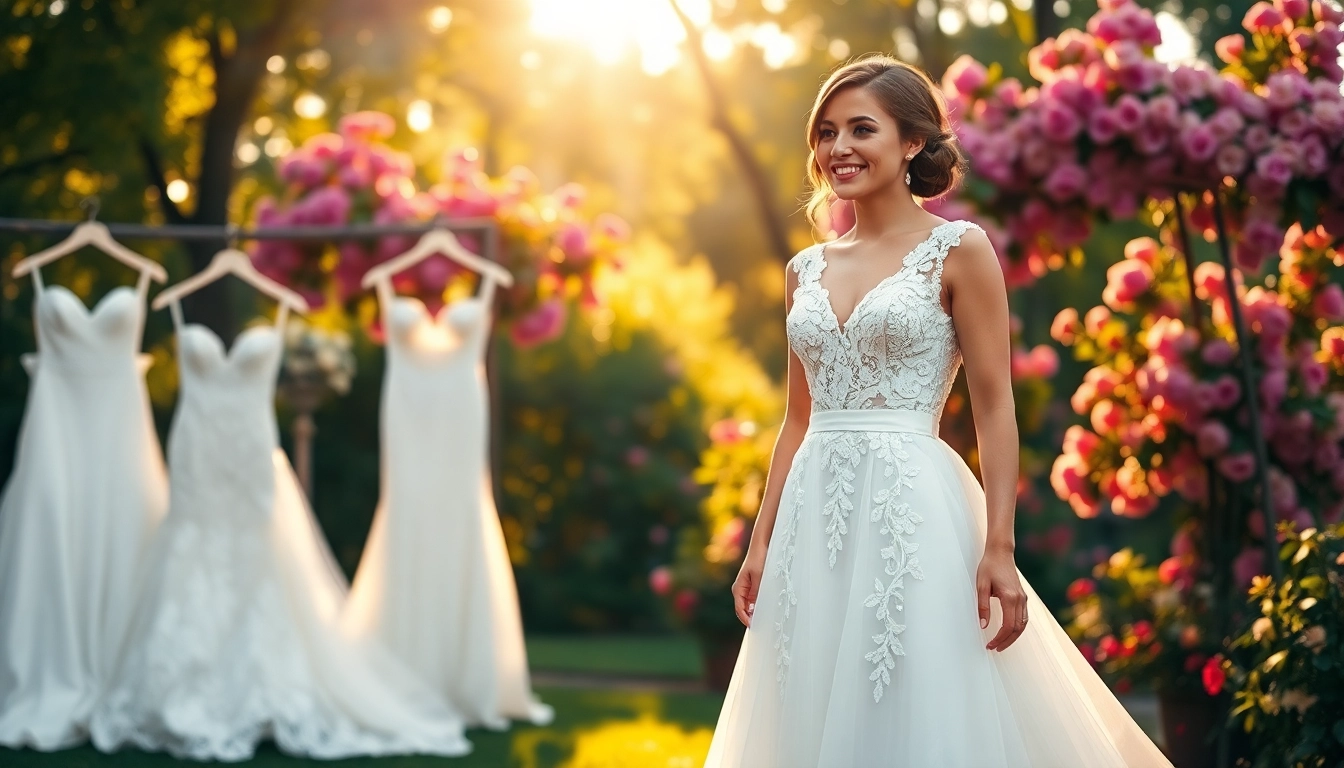 Bridal model showcasing exquisite A-Line Wedding Dresses in a beautiful garden setting.