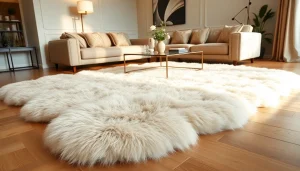 Showcasing a luxurious Rabbit fur rug on a polished wooden floor in a stylish living room.
