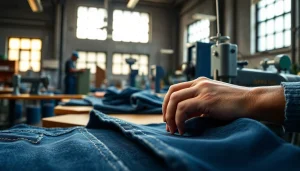 Artisan sewing denim in a jeans manufacturers workshop, showcasing craftsmanship.
