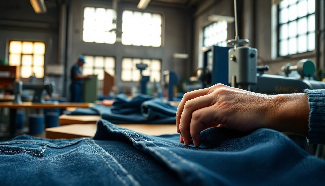 Artisan sewing denim in a jeans manufacturers workshop, showcasing craftsmanship.