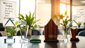 Showcase employee recognition awards on a well-arranged desk in a modern office setting.