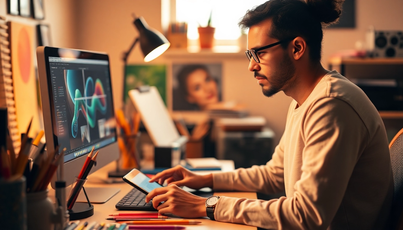 Transform video to prompt with a digital artist using advanced technology in a vibrant, creative workspace.