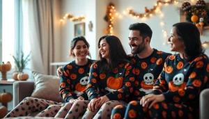 A family in festive Halloween pajamas enjoying time together in a cozy living room.