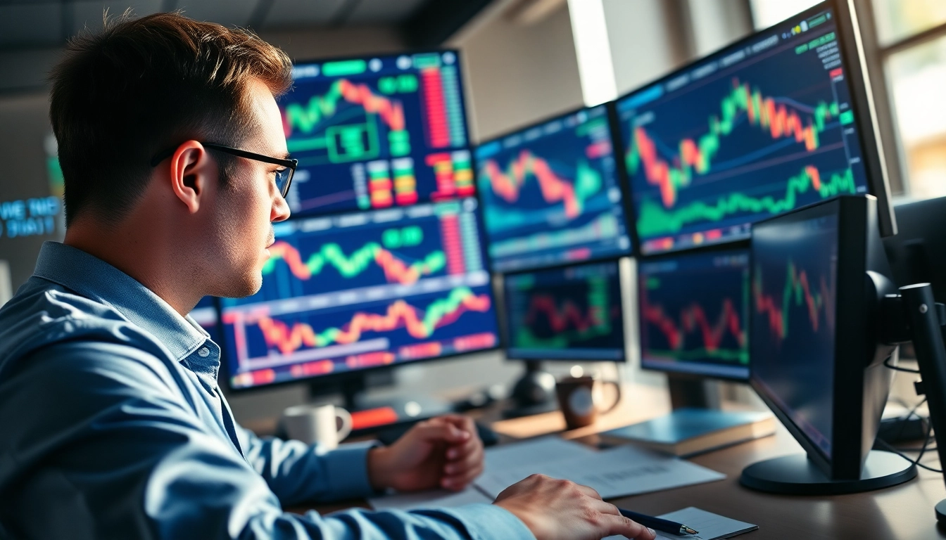 Engaging forex trading scene showcasing a trader analyzing currency data with multiple screens.