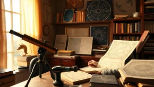 Erstellen Sie personalisierte Horoskope in einem einladenden astrologischen Büro mit Büchern und Diagrammen.
