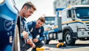 Usługa auto pomoc Tychy, profesjonalny technik oceniający pojazd na tle lawety.