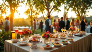 Guests enjoying Hamilton Ontario event catering services at a beautifully arranged outdoor buffet.