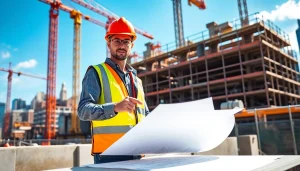 New York City Construction Manager analyzing plans on a construction site, surrounded by cranes.