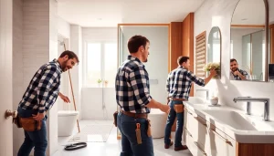 Engaging bathroom install bristol scene highlighting skilled tradespeople and modern fixtures.