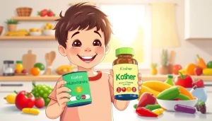 Cheerful child taking Kosher multivitamins for kids surrounded by fruits and vitamins.