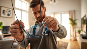 Technician installing Sonic Fiber Internet in a modern home, showcasing expertise and precision.