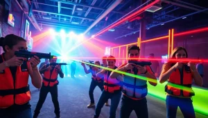 Engaged players in an exciting laser tag arena with colorful beams of light.