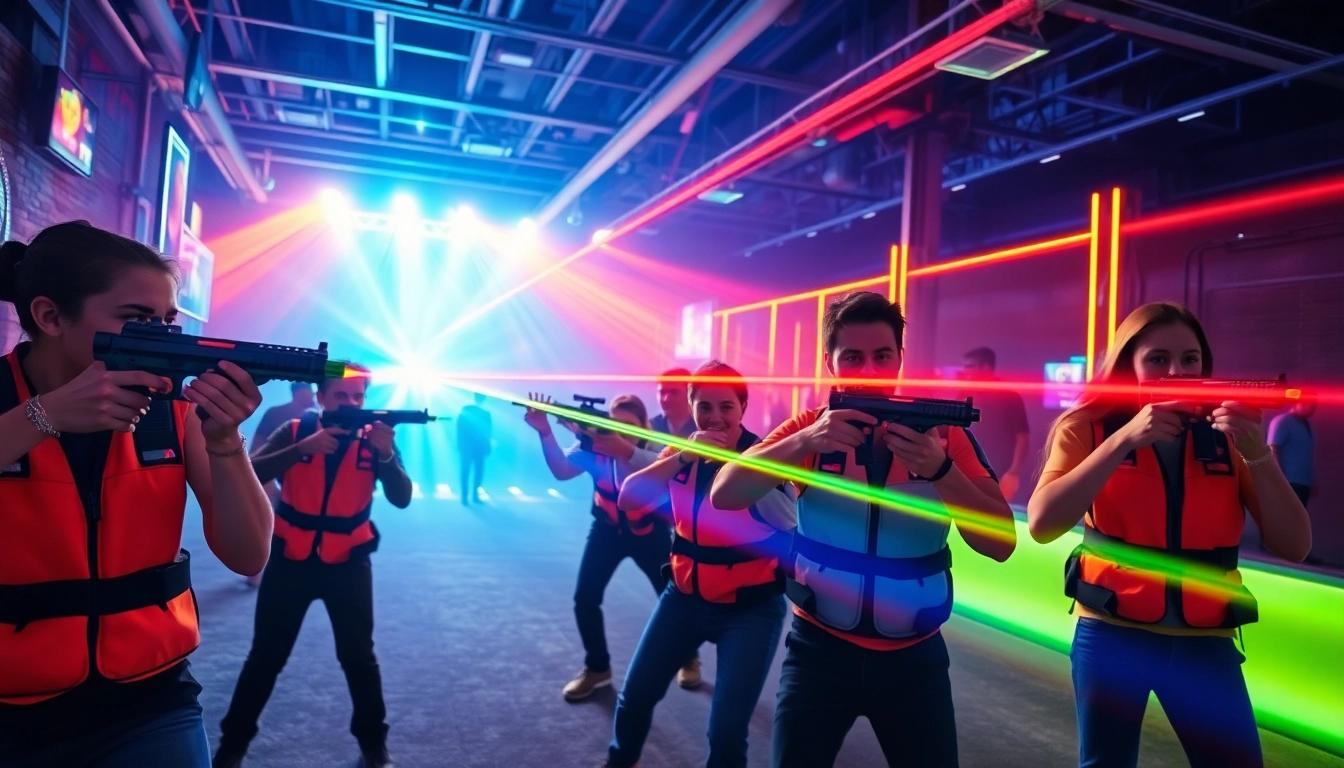Engaged players in an exciting laser tag arena with colorful beams of light.