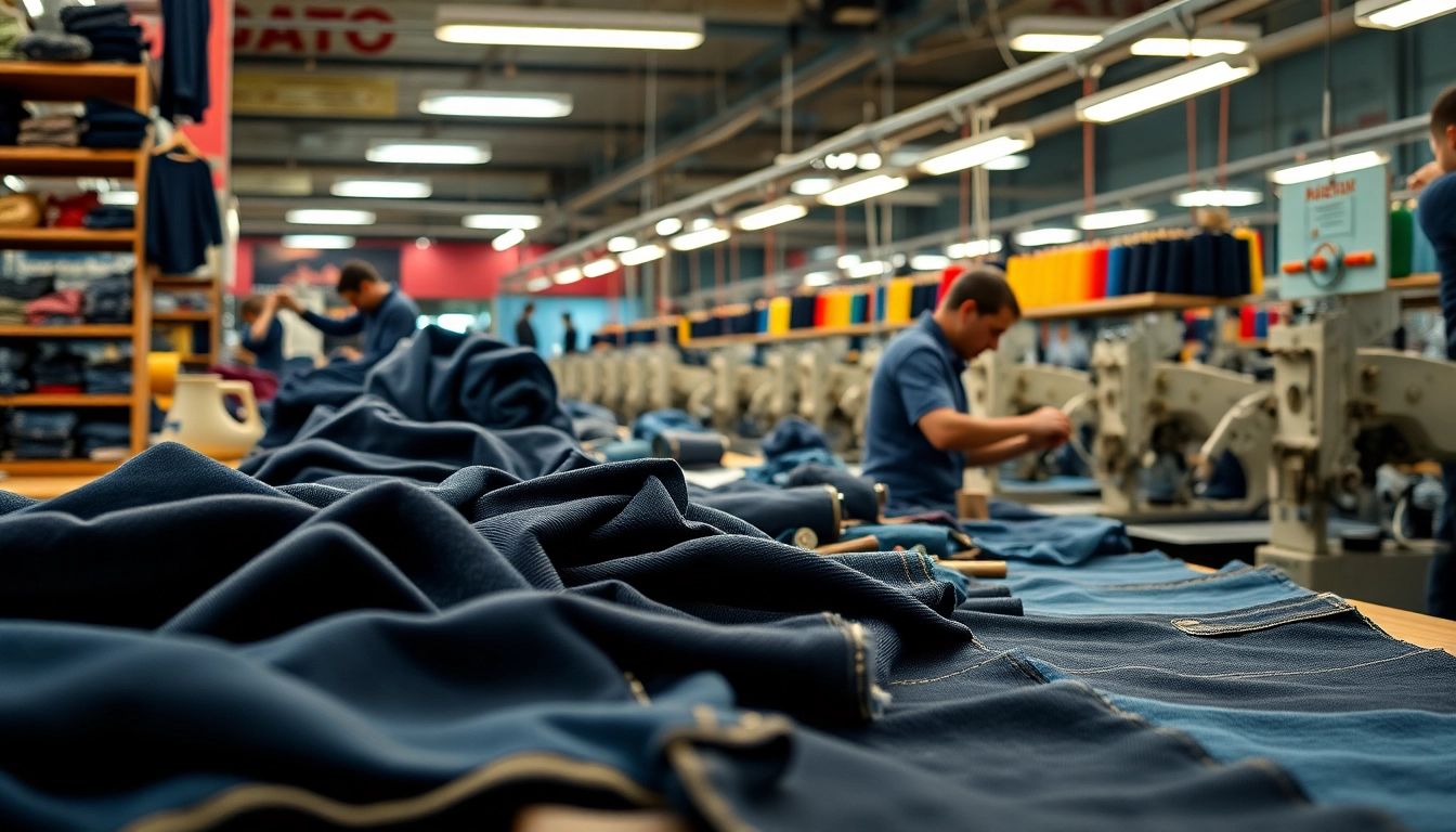Artisans working as jeans manufacturers create quality denim fabrics in a vibrant factory setting.