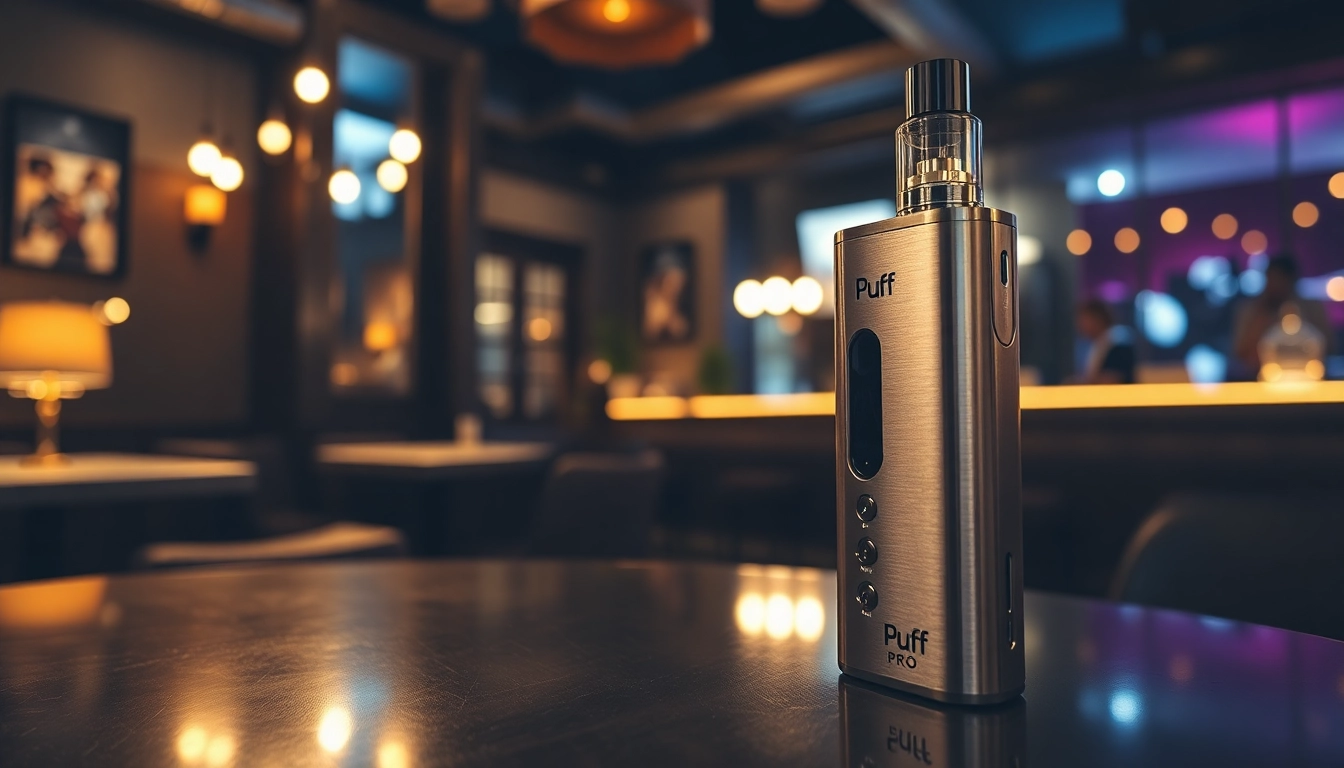 Showcase the Puff Pro vaporizer in a luxurious urban lounge setting with stylish details.