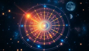Horoskop mit einem leuchtenden Zodiac-Rad und himmlischen Elementen darstellen.
