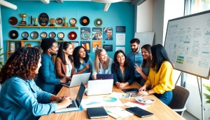 Dynamic collaboration among a music PR company team discussing strategies and campaigns.