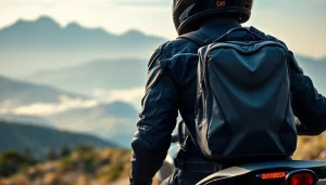 A rider showcases a lightweight motorcycle backpack against a scenic mountain backdrop.
