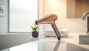 Enhance your hair styling routine with the best hair dryer, showcasing a sleek design on a modern countertop.