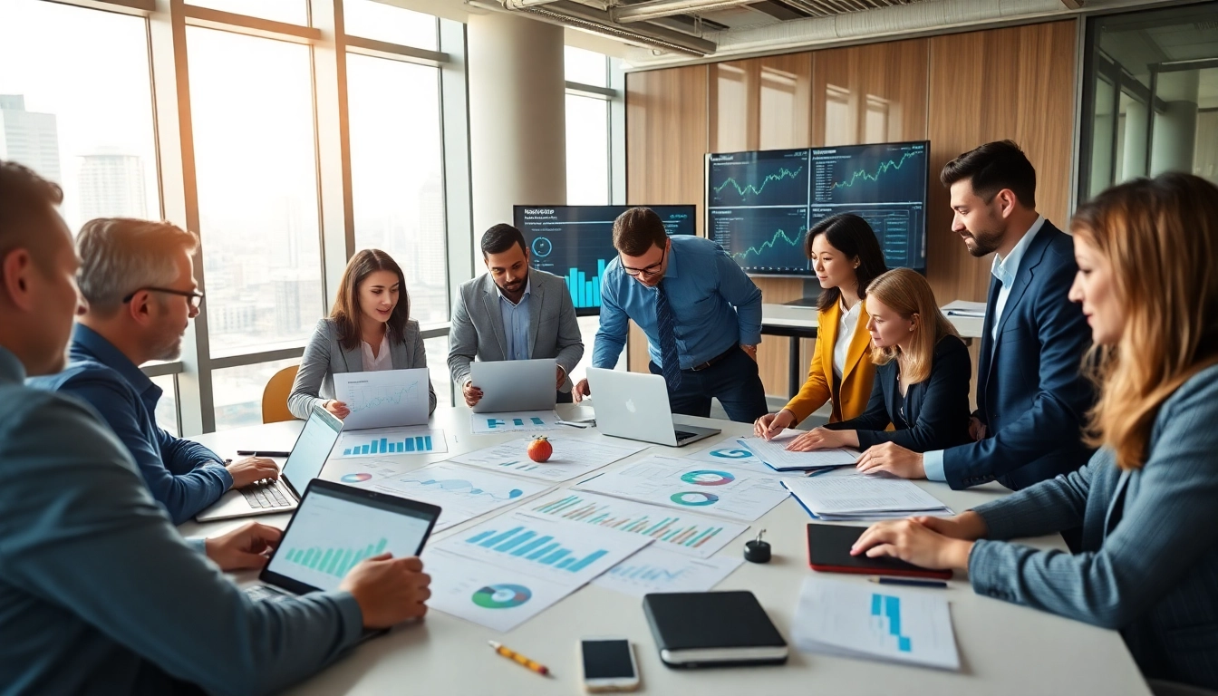 Analyze competitive intelligence data with a professional team in a collaborative office.