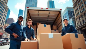 Best movers NYC loading boxes efficiently into a truck in a vibrant urban setting.