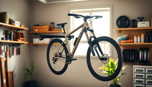 Bike wall mount holding a modern mountain bike in a stylish garage setting.