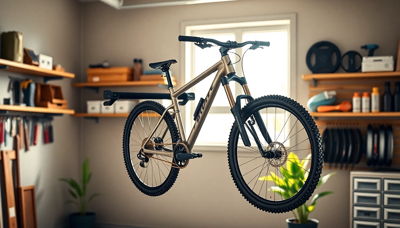 Bike wall mount holding a modern mountain bike in a stylish garage setting.