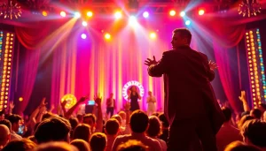 Audience enjoying a vibrant matinee vegas show featuring performers and colorful lights.