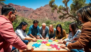 Activité de team building maroc avec des employés unis autour d'un puzzle extérieur.