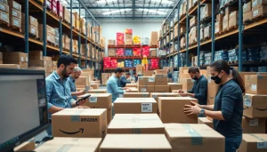Optimized amazon fba wholesale distribution center with team efficiently organizing shipments.