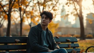 Young adult reflecting on a relationship breakup in a tranquil park setting.