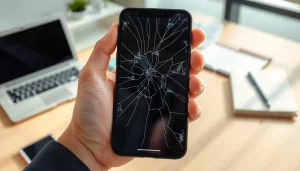 Person contemplating options to sell cracked phone with detailed damage view.