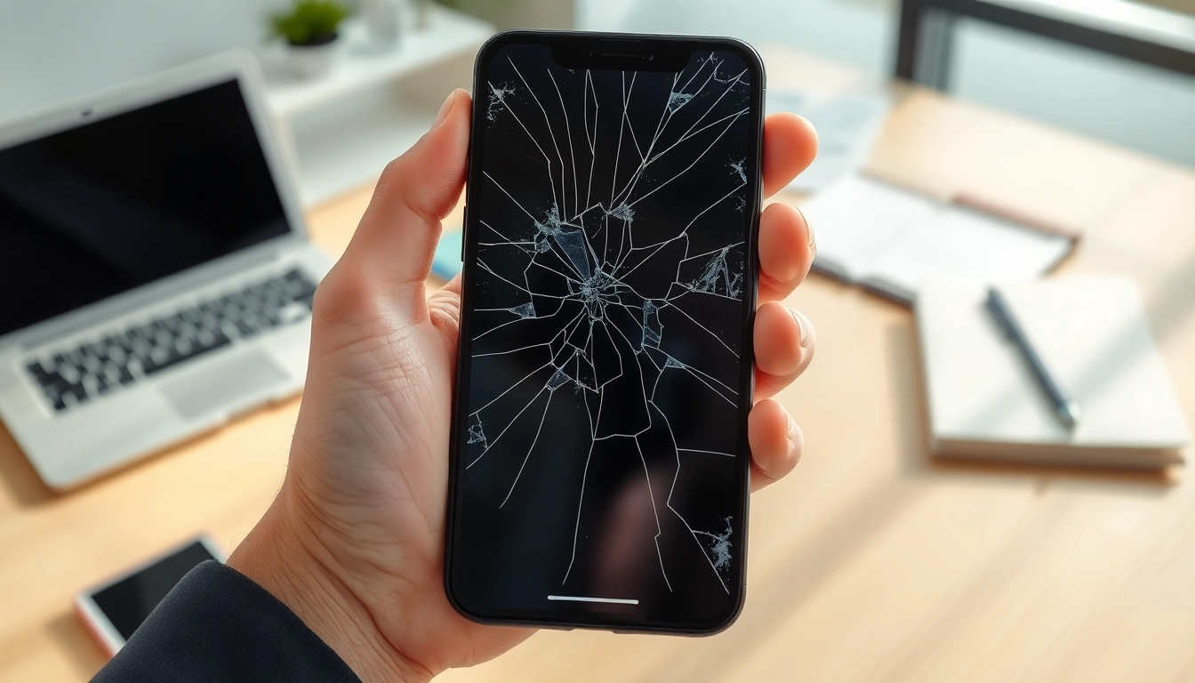 Person contemplating options to sell cracked phone with detailed damage view.
