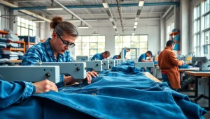 Artisan jeans manufacturers creating premium denim in a vibrant workspace.