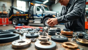 Mechanic inspecting Jerr Dan Parts on a workbench in an industrial garage.
