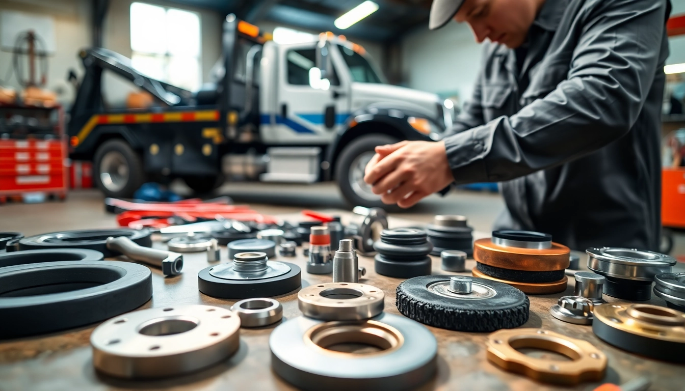 Mechanic inspecting Jerr Dan Parts on a workbench in an industrial garage.