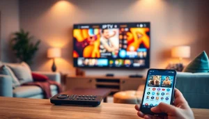 La configuration IPTV code moderne dans un salon confortable avec téléviseur et application.