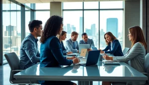Team collaboration at https://inbusinessphx.com’s brainstorming meeting with bright city backdrop.