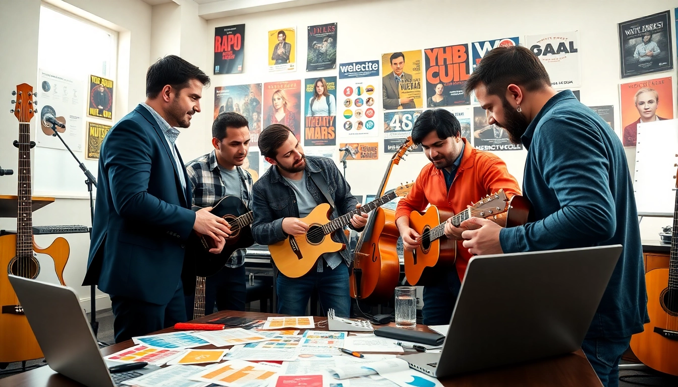 Engaged musicians collaborating with a music pr company to enhance their brand visibility.