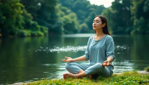Practicing mindfulness meditation for dealing with anxiety by a peaceful lake.