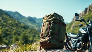 Showcasing a lightweight motorcycle backpack on nature's backdrop emphasizing its practical features.