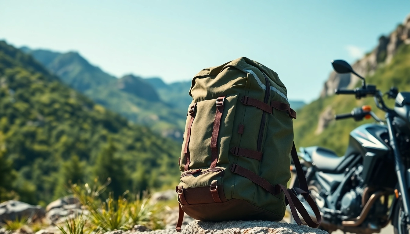 Showcasing a lightweight motorcycle backpack on nature's backdrop emphasizing its practical features.