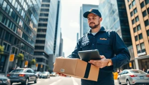 Courier delivering packages on a busy city street, showcasing professionalism and reliability.