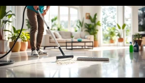 Bond cleaning service featuring a professional cleaner in a bright living room environment.