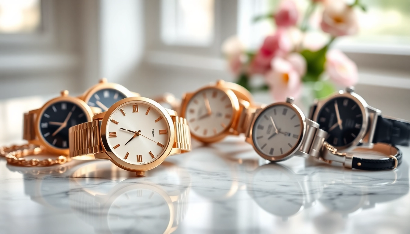 Damen Armbanduhren in verschiedenen Stilen und Farben stilvoll präsentiert.